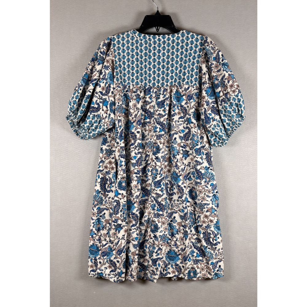 Knox Rose Women's Lg Blue Cream Floral Block Print Puff Sleeve Dress (pockets) - Picture 2 of 6